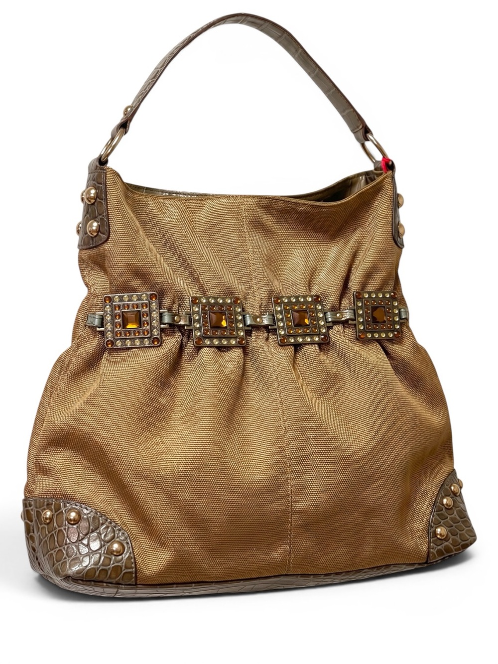 Kathy Van Zeeland Bronze Metallic Hobo Shoulder Bag Rhinestone Croc Trim EUC
